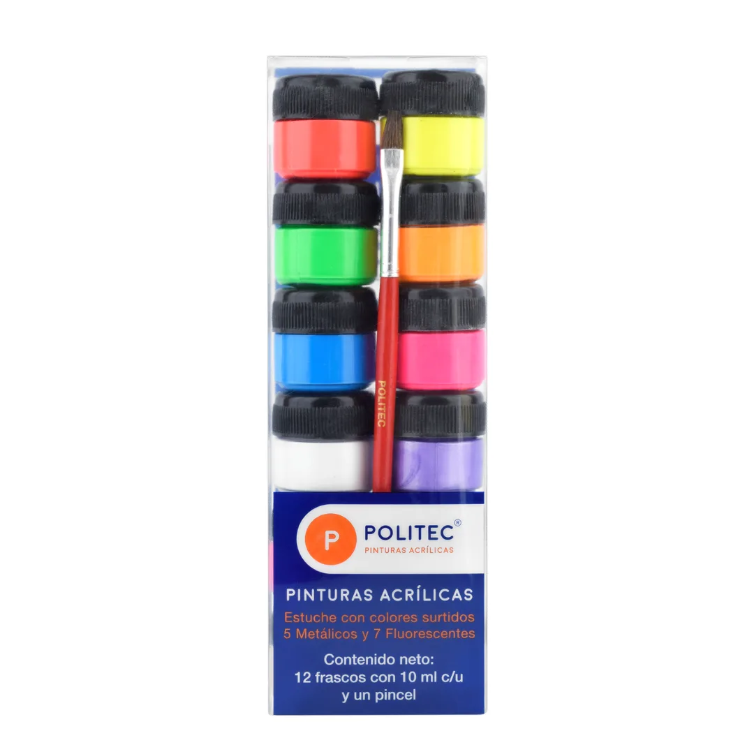 12 COLORES 10 ML FLUORESCENTES Y METÁLICOS + PINCEL